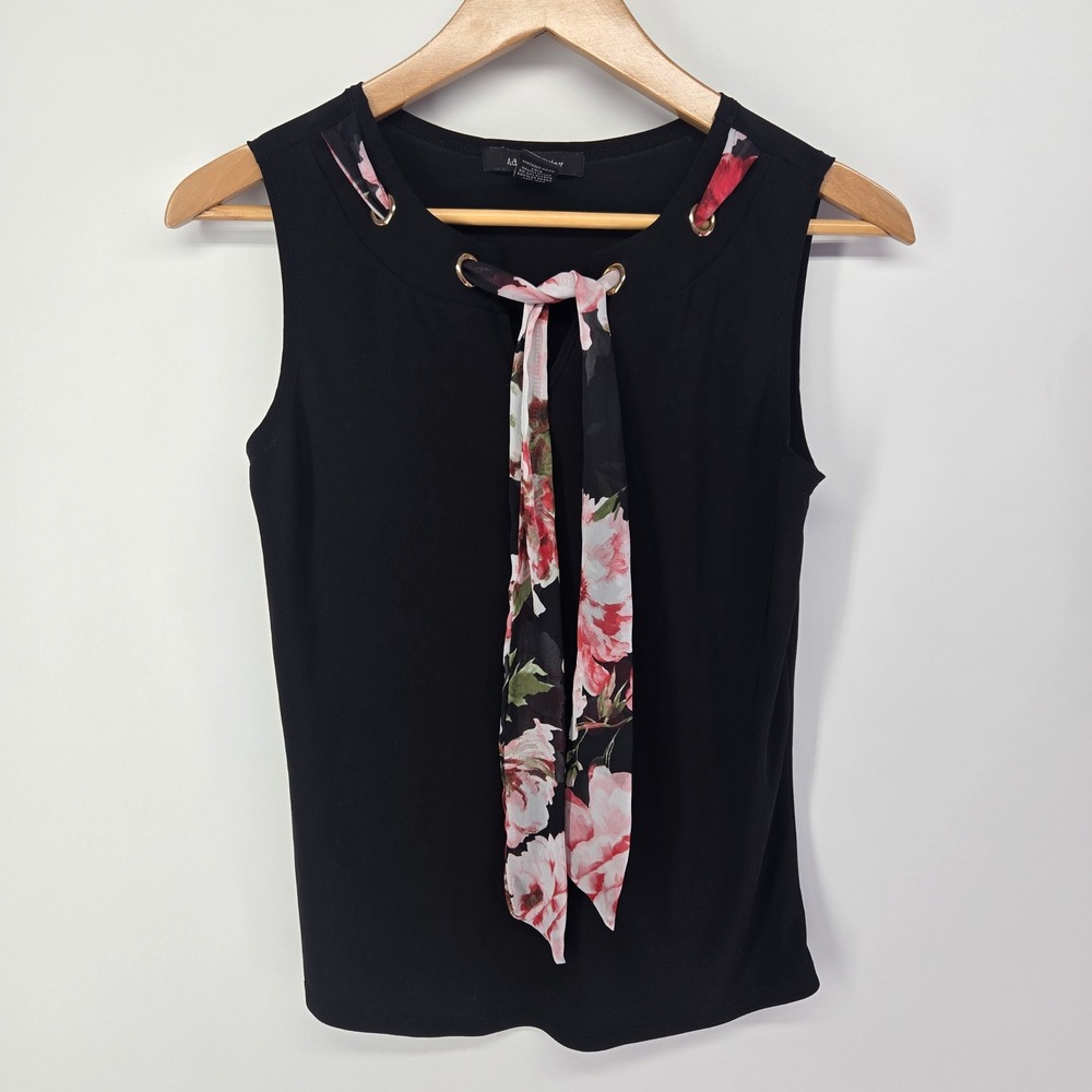 Adele & May Tank Top Womens Small Black Floral Scarf Neck Grommet Blouse Career